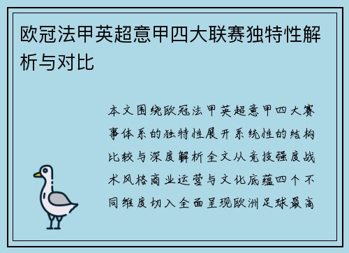 欧冠法甲英超意甲四大联赛独特性解析与对比