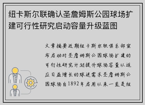 纽卡斯尔联确认圣詹姆斯公园球场扩建可行性研究启动容量升级蓝图 纽卡斯尔联确认圣詹姆斯公园球场扩建可行性研究启动容量升级蓝图