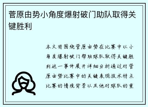 菅原由势小角度爆射破门助队取得关键胜利 菅原由势小角度爆射破门助队取得关键胜利
